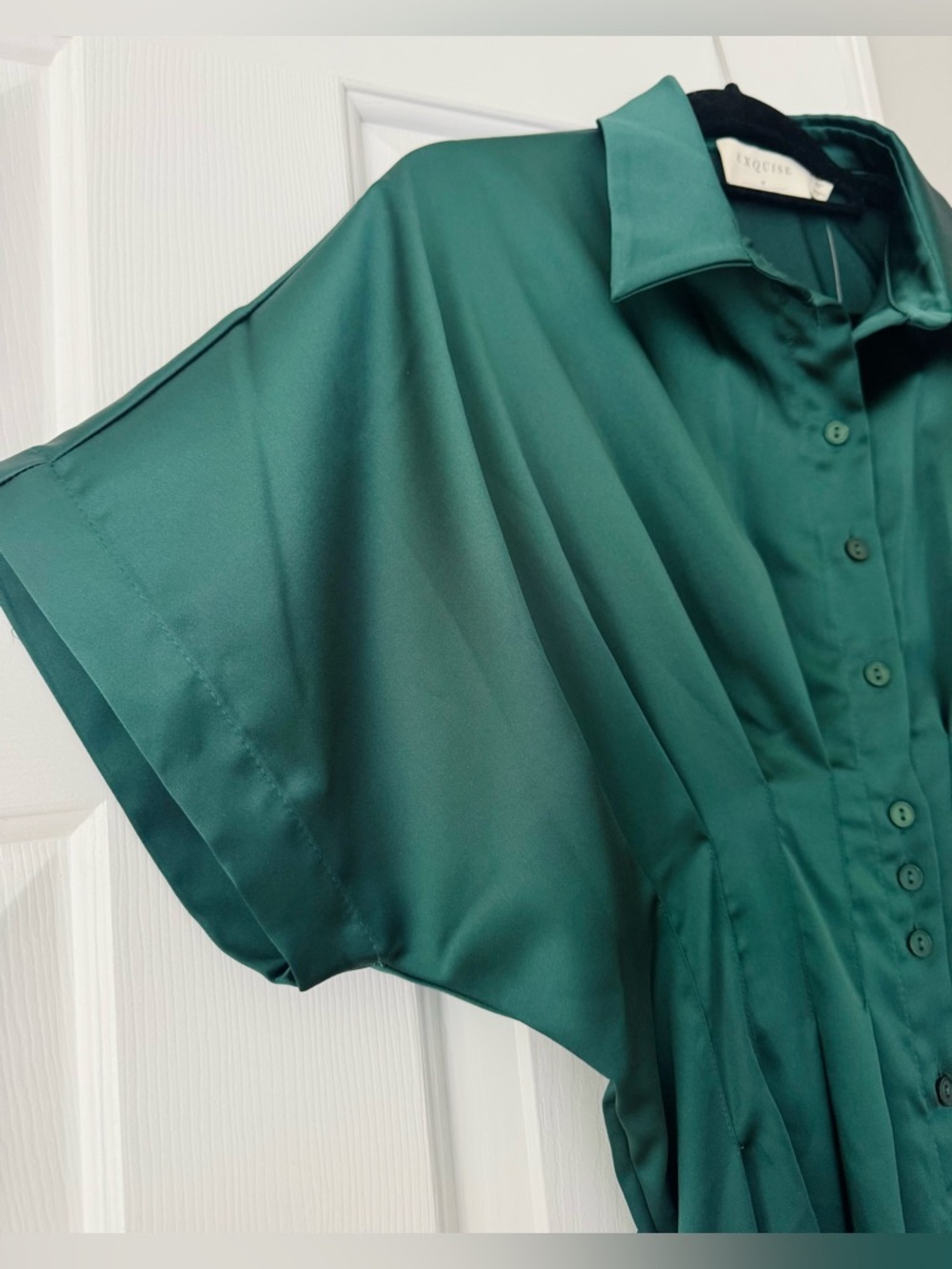Anthropologie The Tobie Emerald Green Satin Maxi Shirt Dress by Exquise, Size LP - Picture 8 of 14